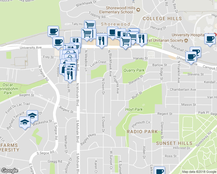 map of restaurants, bars, coffee shops, grocery stores, and more near 432 North Blackhawk Avenue in Madison