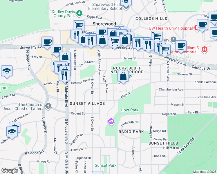 map of restaurants, bars, coffee shops, grocery stores, and more near 405 Eugenia Avenue in Madison