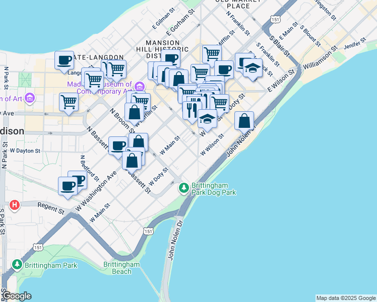 map of restaurants, bars, coffee shops, grocery stores, and more near 200 South Henry Street in Madison