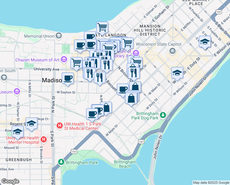 map of restaurants, bars, coffee shops, grocery stores, and more near 504 West Mifflin Street in Madison