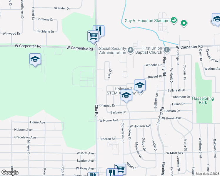 map of restaurants, bars, coffee shops, grocery stores, and more near 2205 Janice Drive in Flint