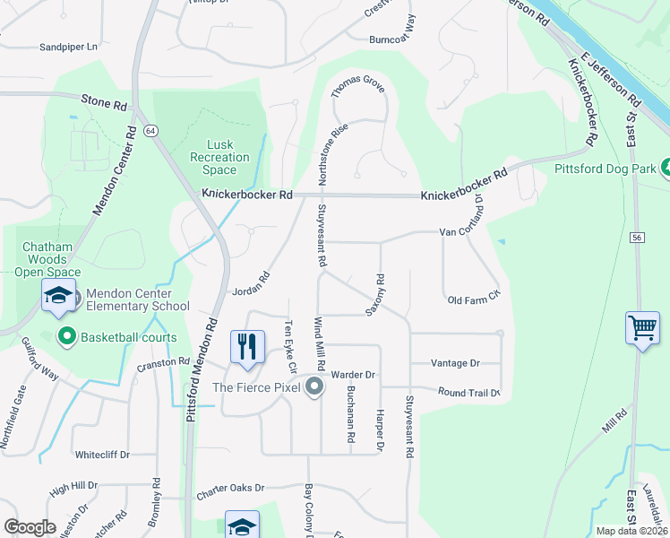 map of restaurants, bars, coffee shops, grocery stores, and more near 15 Stuyvesant Road in Pittsford