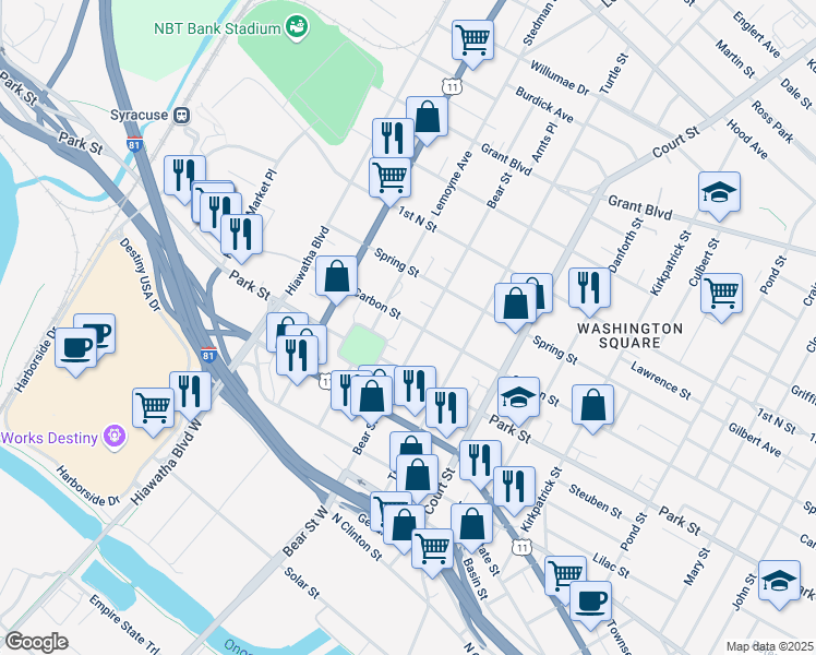 map of restaurants, bars, coffee shops, grocery stores, and more near 1103 Carbon Street in Syracuse