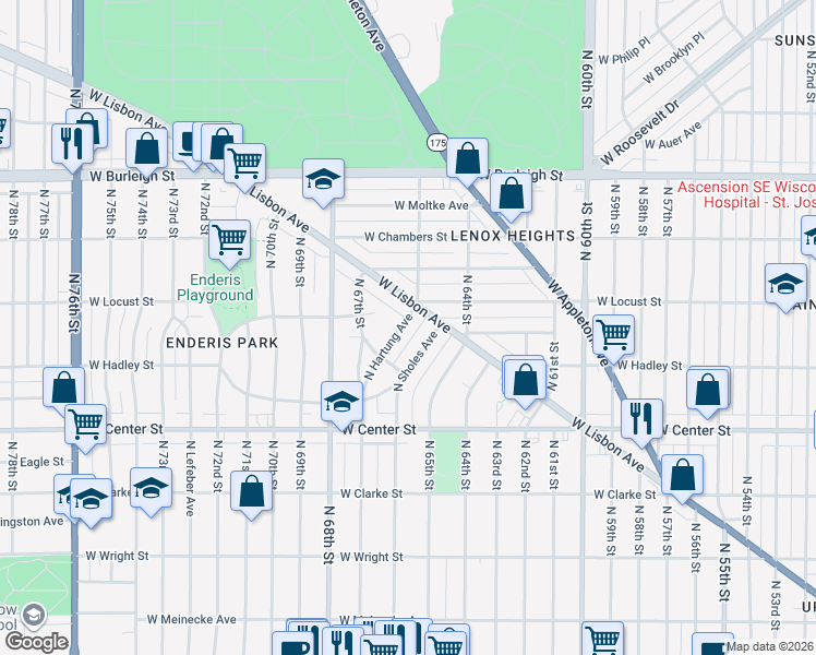 map of restaurants, bars, coffee shops, grocery stores, and more near 2850 North Hartung Avenue in Milwaukee