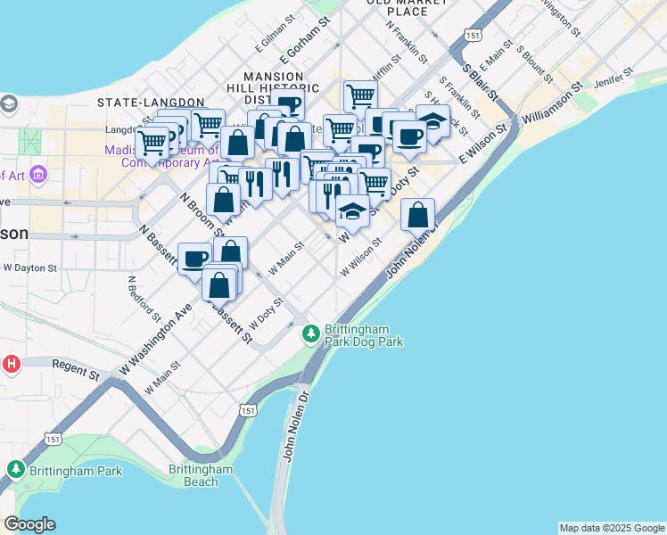 map of restaurants, bars, coffee shops, grocery stores, and more near 200 South Henry Street in Madison