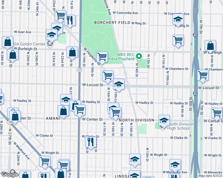 map of restaurants, bars, coffee shops, grocery stores, and more near 2860A North 16th Street in Milwaukee