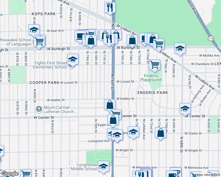 map of restaurants, bars, coffee shops, grocery stores, and more near 2849 North 76th Street in Milwaukee