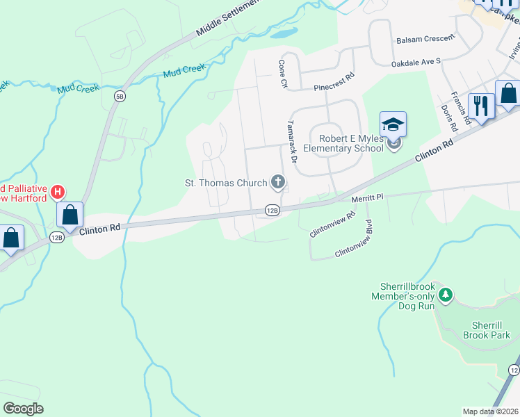 map of restaurants, bars, coffee shops, grocery stores, and more near 2 Fawncrest Boulevard in New Hartford