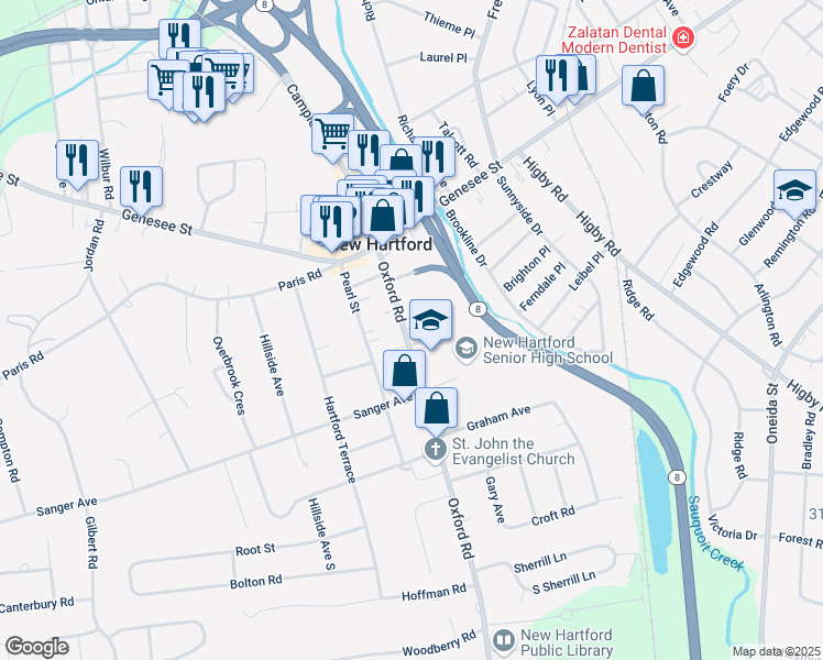 map of restaurants, bars, coffee shops, grocery stores, and more near 25 Oxford Road in New Hartford