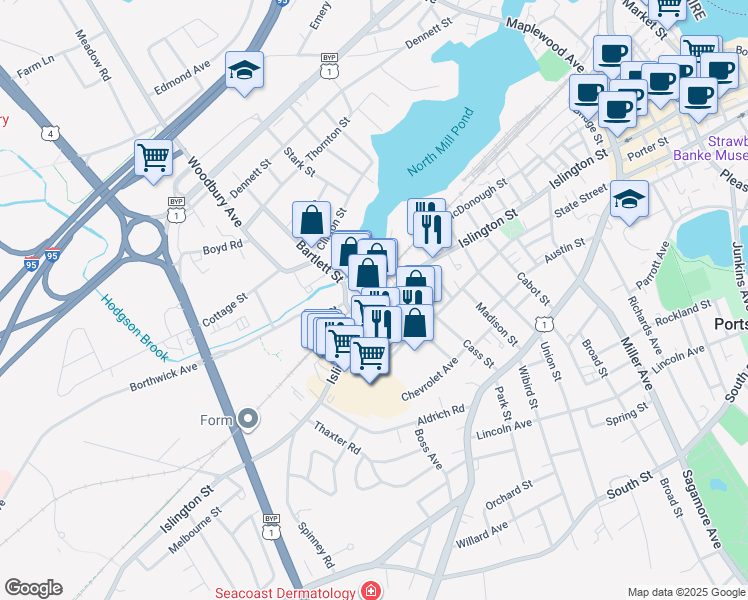 map of restaurants, bars, coffee shops, grocery stores, and more near 653 Islington Street in Portsmouth