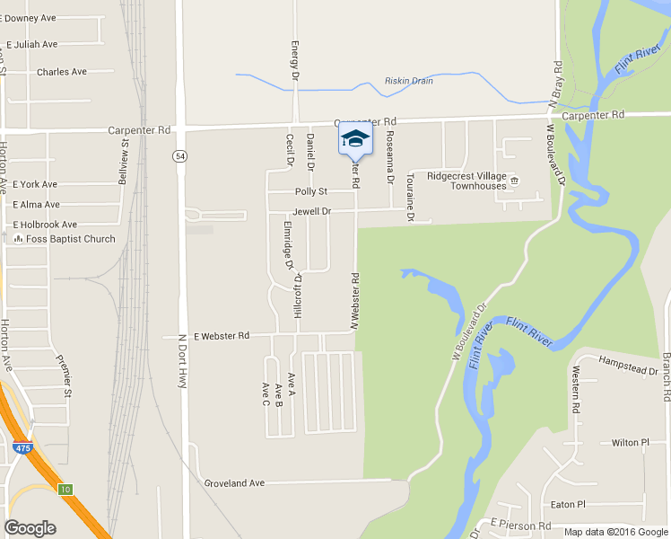 map of restaurants, bars, coffee shops, grocery stores, and more near 6530 Hillcroft Drive in Flint