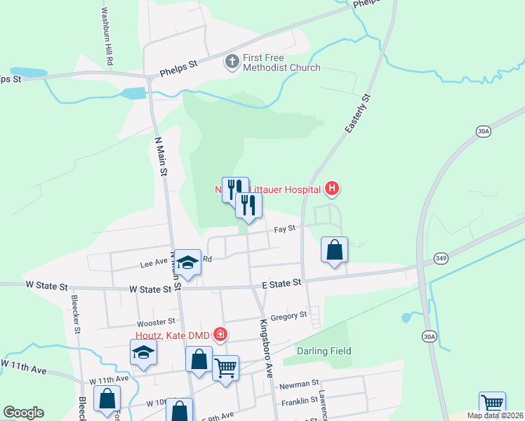 map of restaurants, bars, coffee shops, grocery stores, and more near 24 Cortland Street in Gloversville