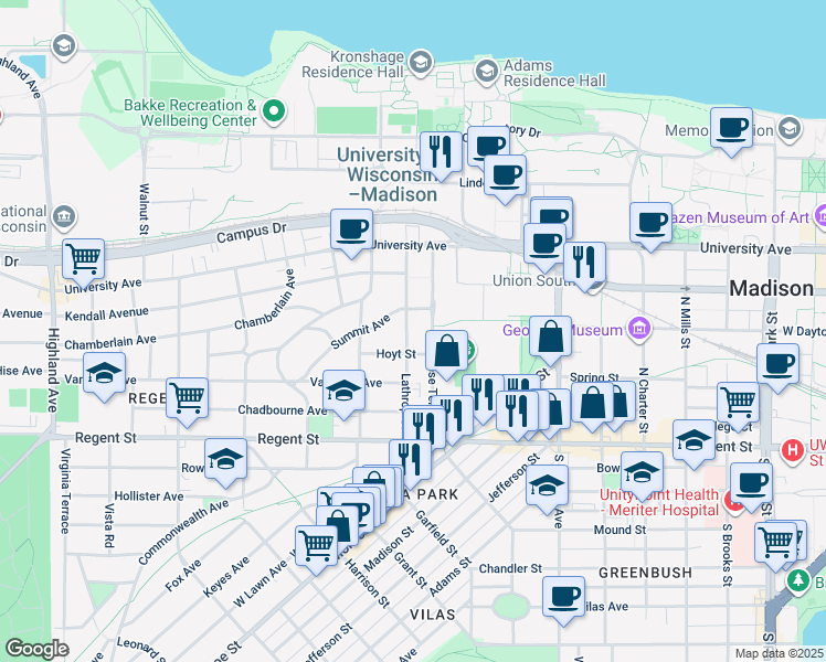 map of restaurants, bars, coffee shops, grocery stores, and more near 141 Lathrop Street in Madison