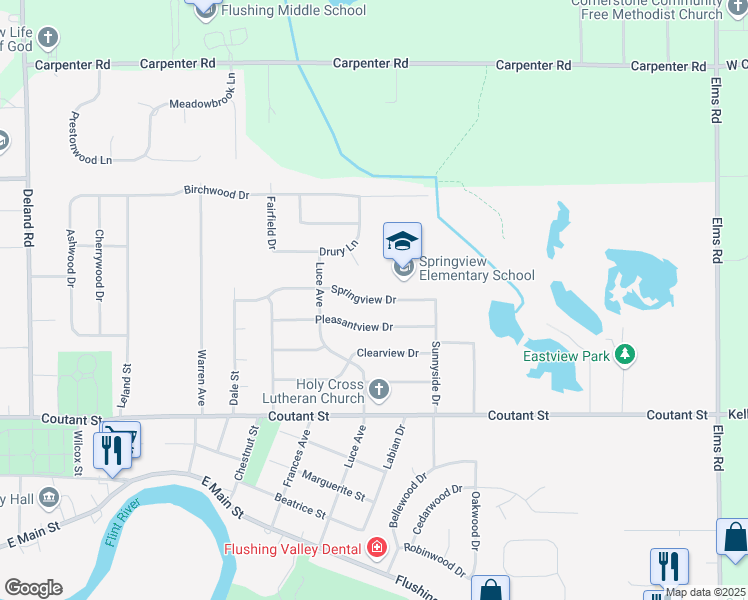 map of restaurants, bars, coffee shops, grocery stores, and more near 1233 Springview Drive in Flushing