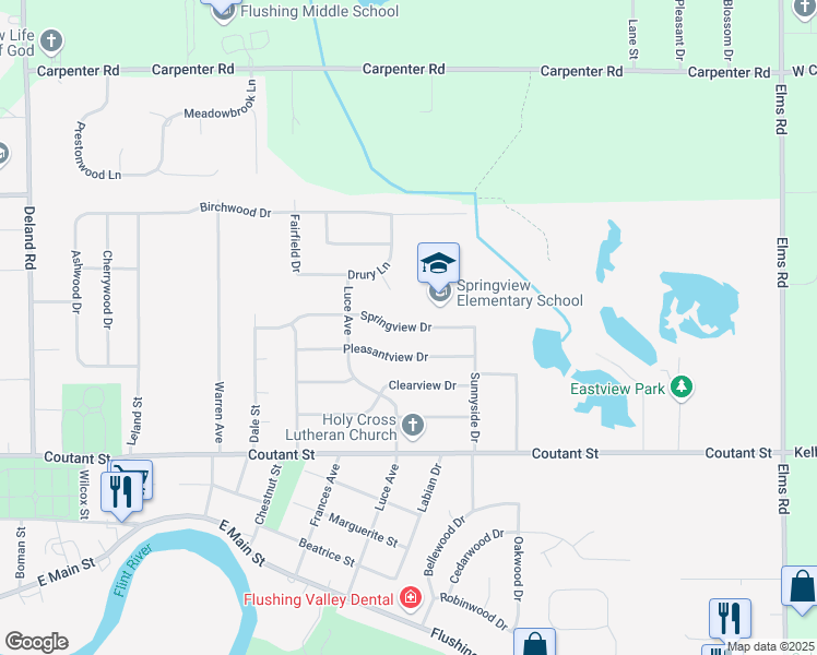 map of restaurants, bars, coffee shops, grocery stores, and more near 1233 Springview Drive in Flushing