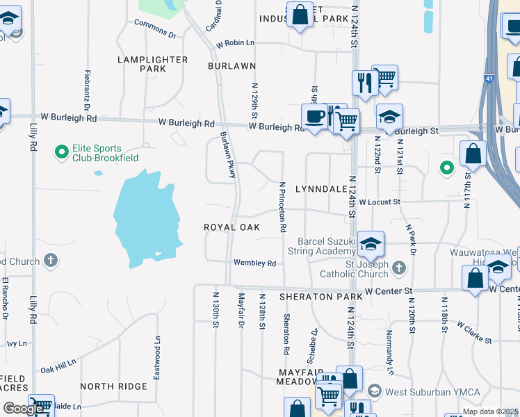 map of restaurants, bars, coffee shops, grocery stores, and more near 12860 West Pinewood Road in Brookfield
