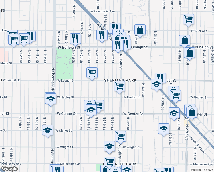 map of restaurants, bars, coffee shops, grocery stores, and more near 2858 North 37th Street in Milwaukee