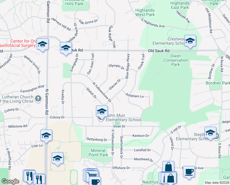 map of restaurants, bars, coffee shops, grocery stores, and more near 202 Blue Ridge Parkway in Madison