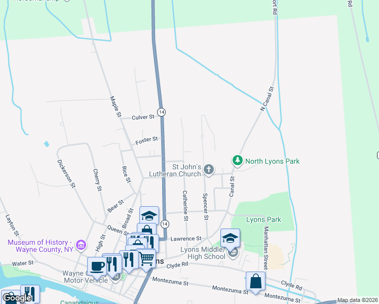 map of restaurants, bars, coffee shops, grocery stores, and more near 90 Catherine Street in Lyons
