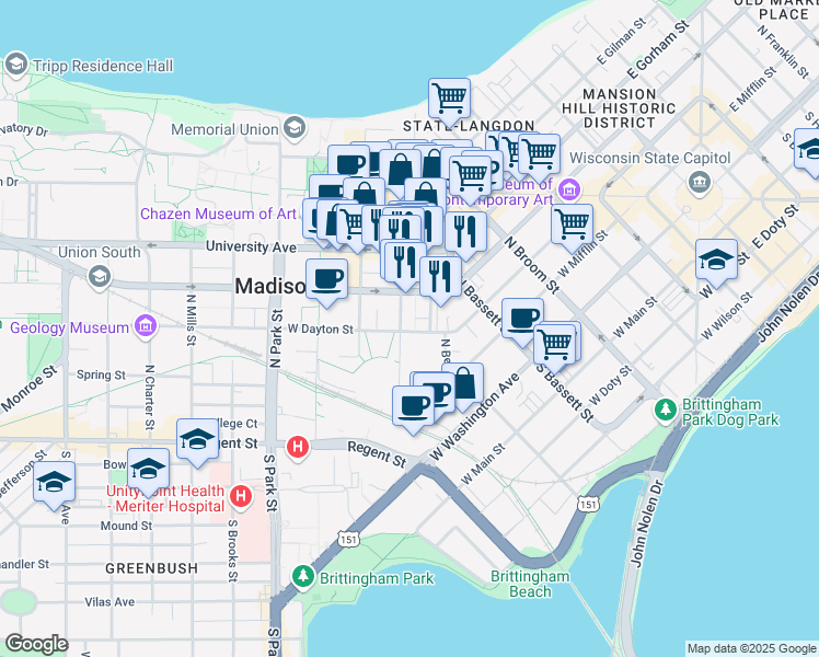 map of restaurants, bars, coffee shops, grocery stores, and more near 550 West Dayton Street in Madison