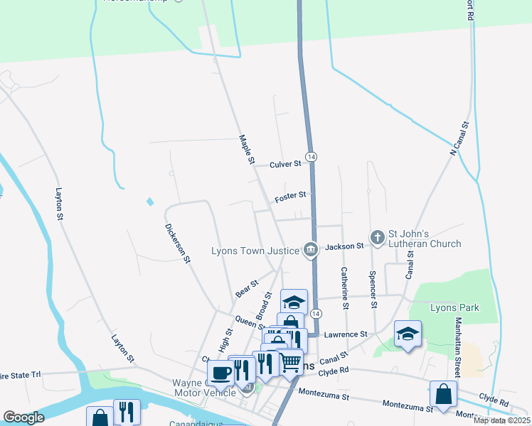 map of restaurants, bars, coffee shops, grocery stores, and more near 21 Maple Street in Lyons