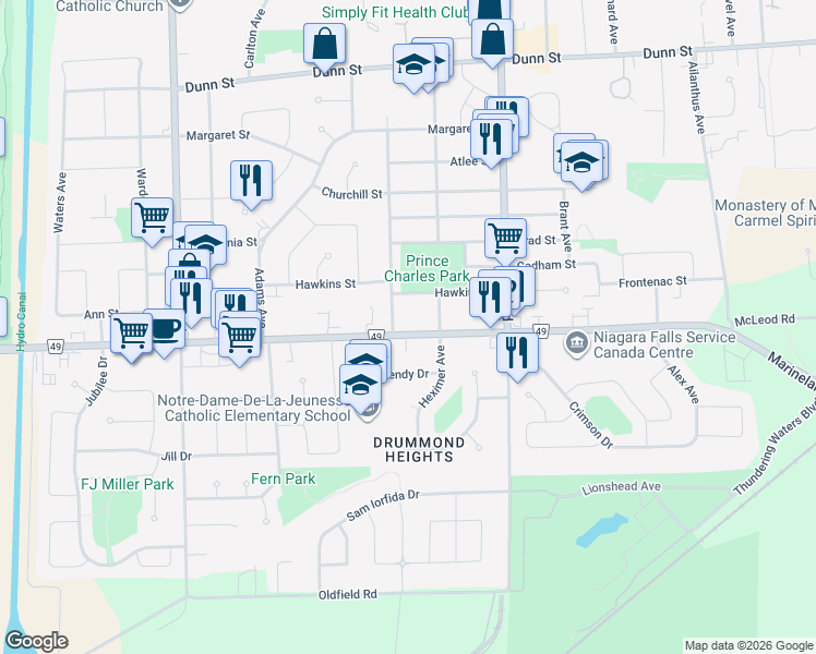 map of restaurants, bars, coffee shops, grocery stores, and more near 6421 McLeod Road in Niagara Falls