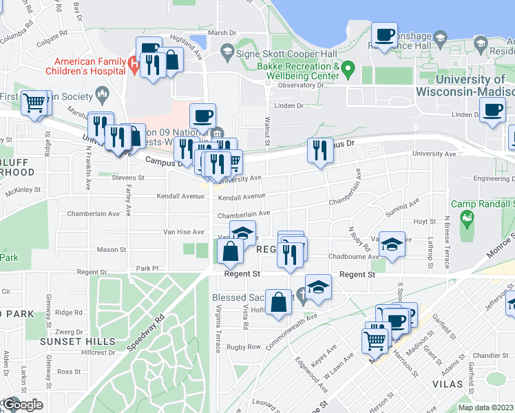 map of restaurants, bars, coffee shops, grocery stores, and more near 216 Walnut Street in Madison