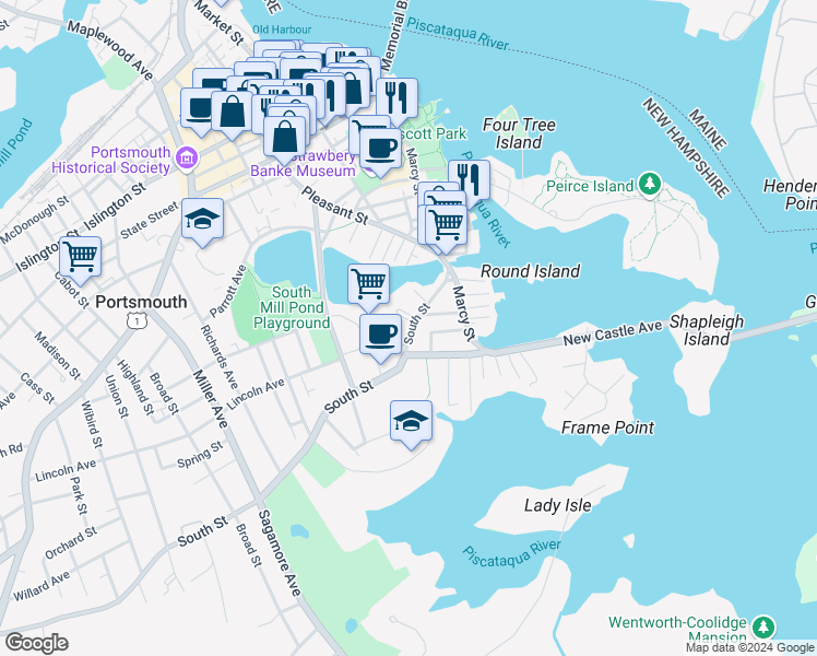 map of restaurants, bars, coffee shops, grocery stores, and more near 151 South Street in Portsmouth