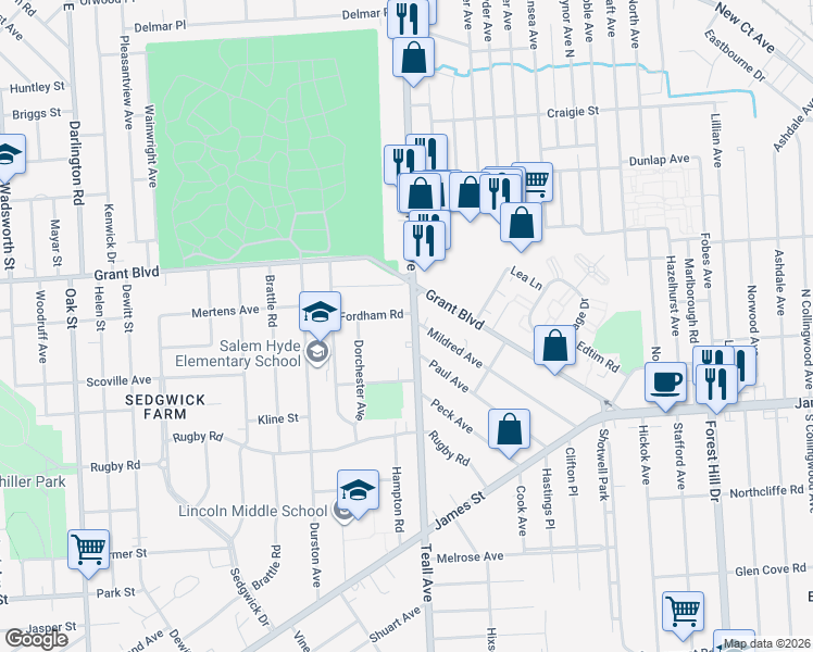 map of restaurants, bars, coffee shops, grocery stores, and more near 1623 Teall Avenue in Syracuse
