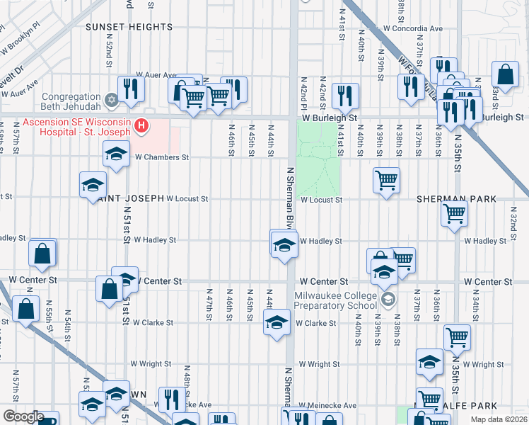 map of restaurants, bars, coffee shops, grocery stores, and more near 2857 North 44th Street in Milwaukee