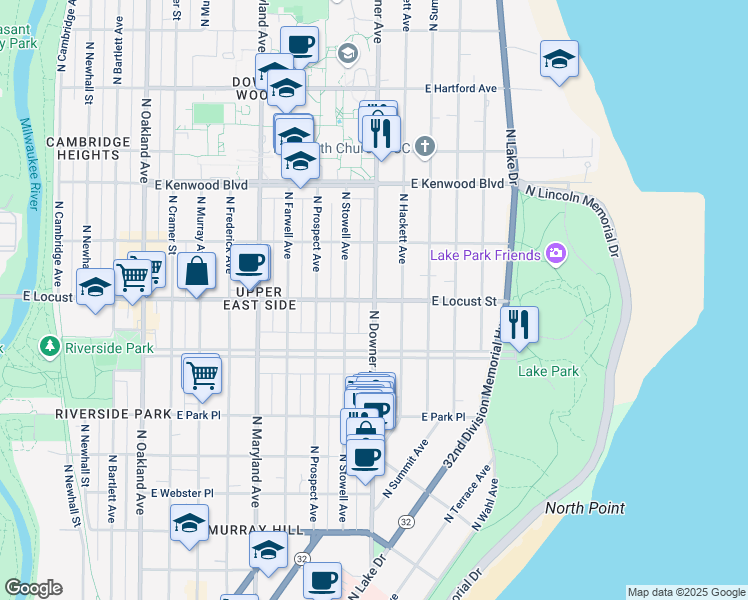 map of restaurants, bars, coffee shops, grocery stores, and more near E Locust St & N Downer Ave in Milwaukee