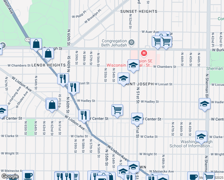 map of restaurants, bars, coffee shops, grocery stores, and more near 2851 North 54th Street in Milwaukee