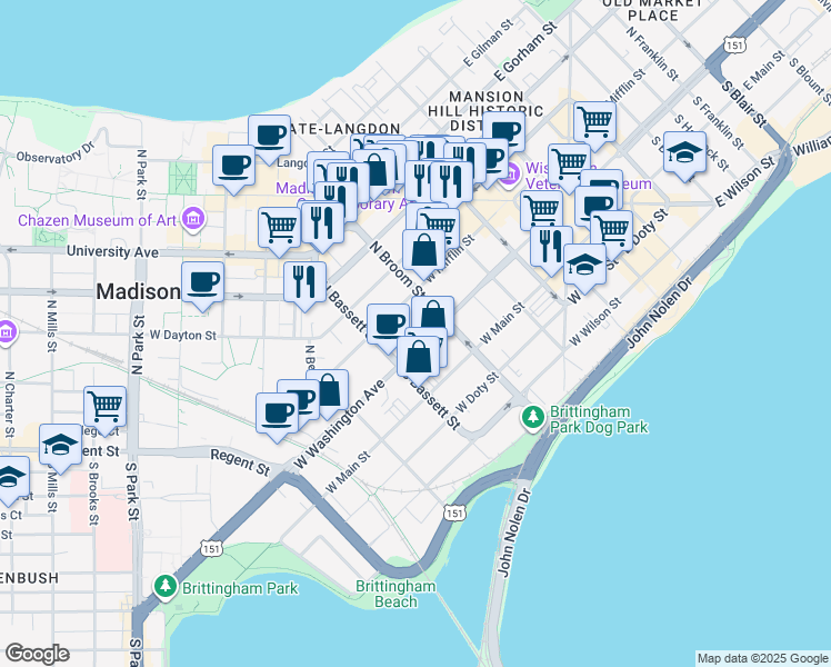 map of restaurants, bars, coffee shops, grocery stores, and more near 426 West Washington Avenue in Madison