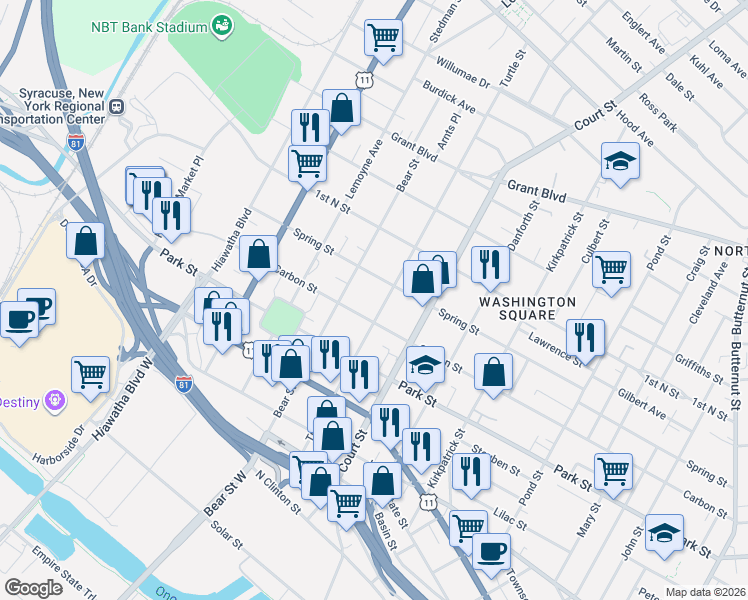 map of restaurants, bars, coffee shops, grocery stores, and more near 1010 Carbon Street in Syracuse