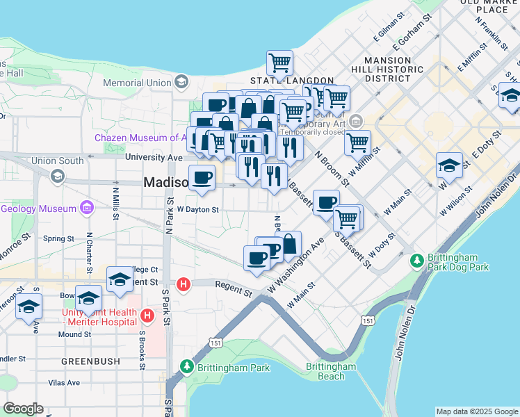 map of restaurants, bars, coffee shops, grocery stores, and more near 542 West Dayton Street in Madison