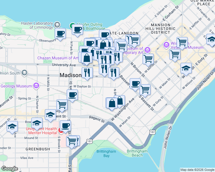 map of restaurants, bars, coffee shops, grocery stores, and more near 542 West Dayton Street in Madison