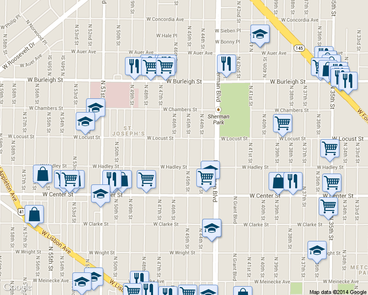 map of restaurants, bars, coffee shops, grocery stores, and more near 2857 North 45th Street in Milwaukee