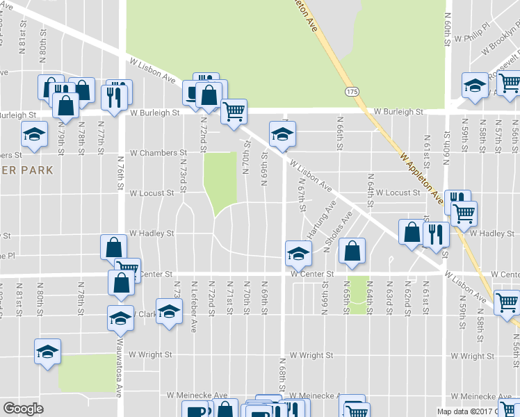 map of restaurants, bars, coffee shops, grocery stores, and more near 2839 North 69th Street in Milwaukee