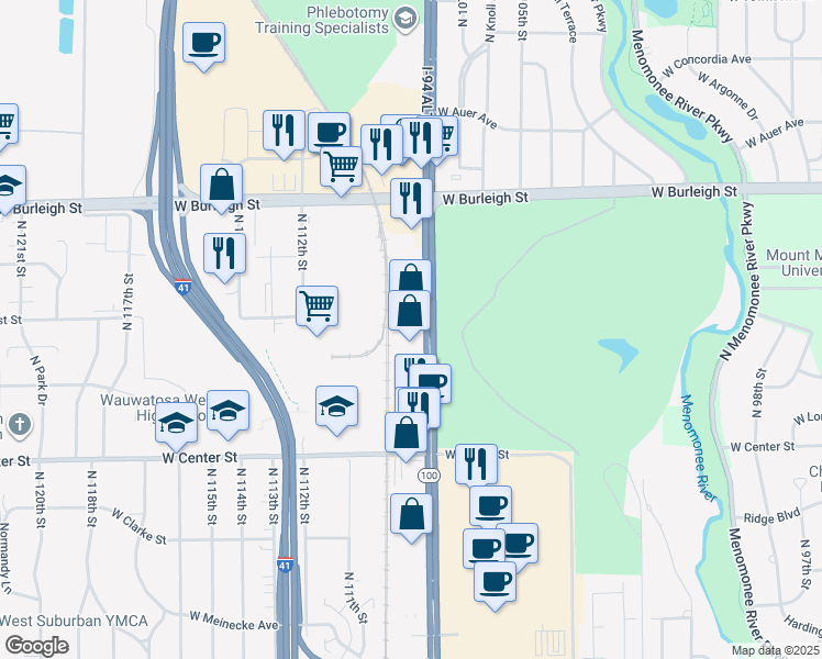 map of restaurants, bars, coffee shops, grocery stores, and more near 2885 Wisconsin 100 in Wauwatosa
