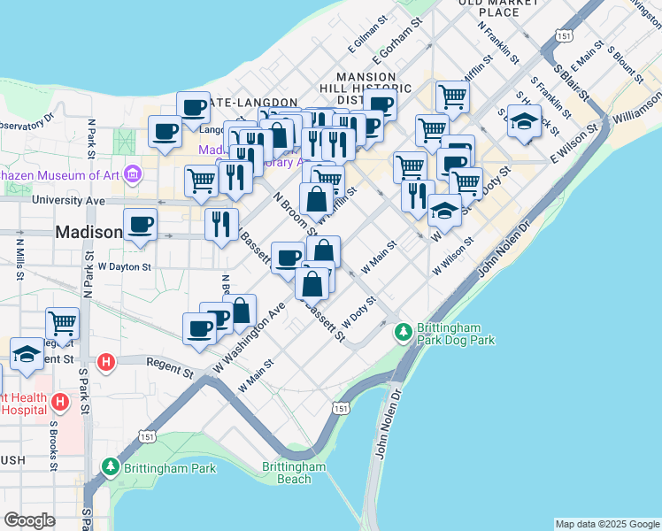 map of restaurants, bars, coffee shops, grocery stores, and more near 409 West Washington Avenue in Madison
