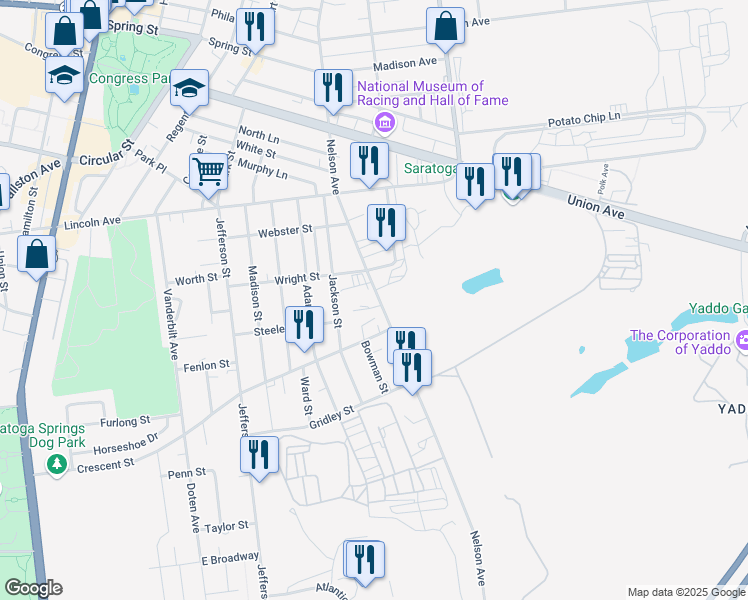 map of restaurants, bars, coffee shops, grocery stores, and more near 89 Nelson Avenue in Saratoga Springs