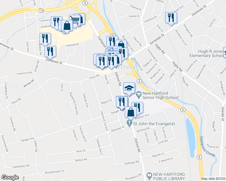 map of restaurants, bars, coffee shops, grocery stores, and more near 23 Pearl St in New Hartford
