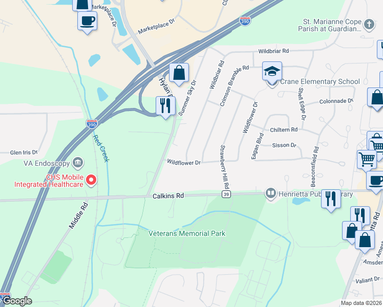 map of restaurants, bars, coffee shops, grocery stores, and more near 565 Wildbriar Road in Rochester