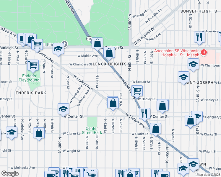map of restaurants, bars, coffee shops, grocery stores, and more near 6210 West Richmond Avenue in Milwaukee