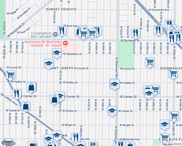 map of restaurants, bars, coffee shops, grocery stores, and more near 2854 North 47th Street in Milwaukee