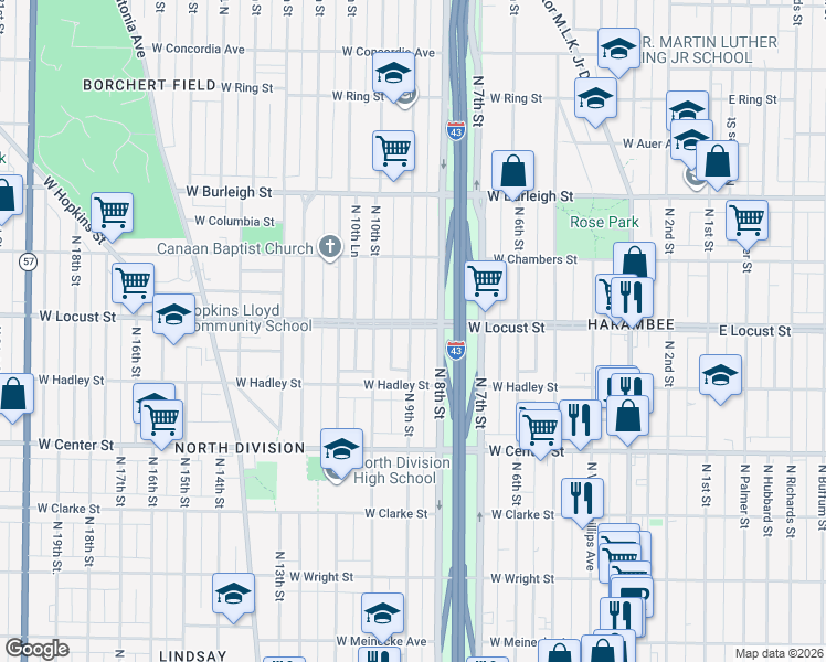 map of restaurants, bars, coffee shops, grocery stores, and more near 2872 North 9th Street in Milwaukee