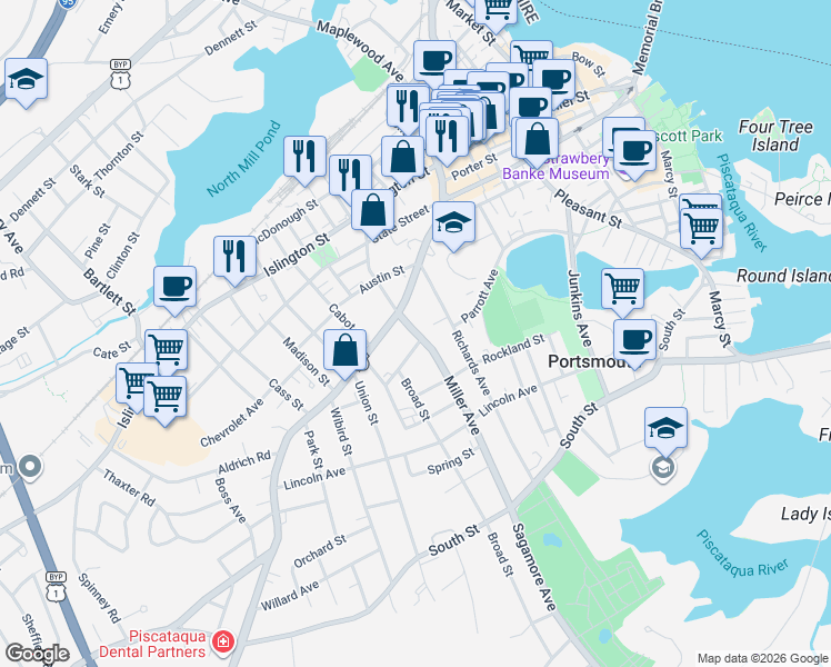 map of restaurants, bars, coffee shops, grocery stores, and more near 55 Miller Avenue in Portsmouth