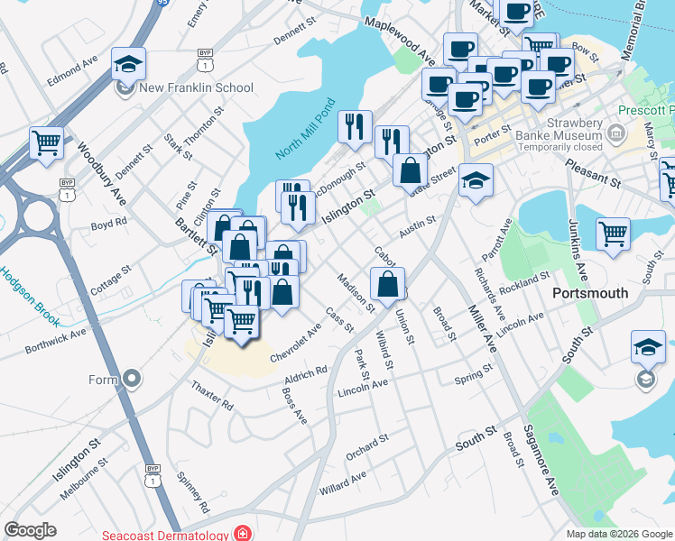 map of restaurants, bars, coffee shops, grocery stores, and more near 194 Madison Street in Portsmouth
