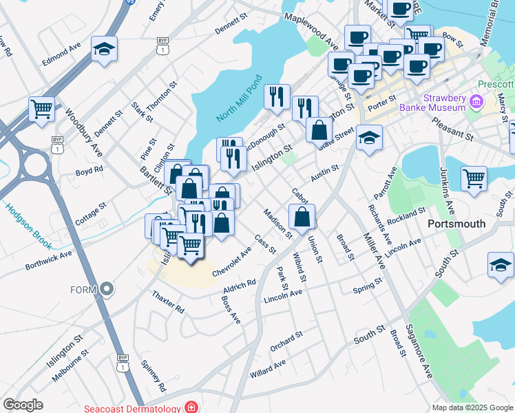 map of restaurants, bars, coffee shops, grocery stores, and more near 194 Madison Street in Portsmouth