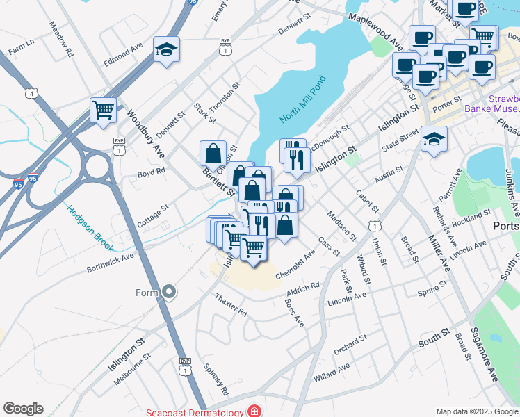 map of restaurants, bars, coffee shops, grocery stores, and more near 653 Islington Street in Portsmouth